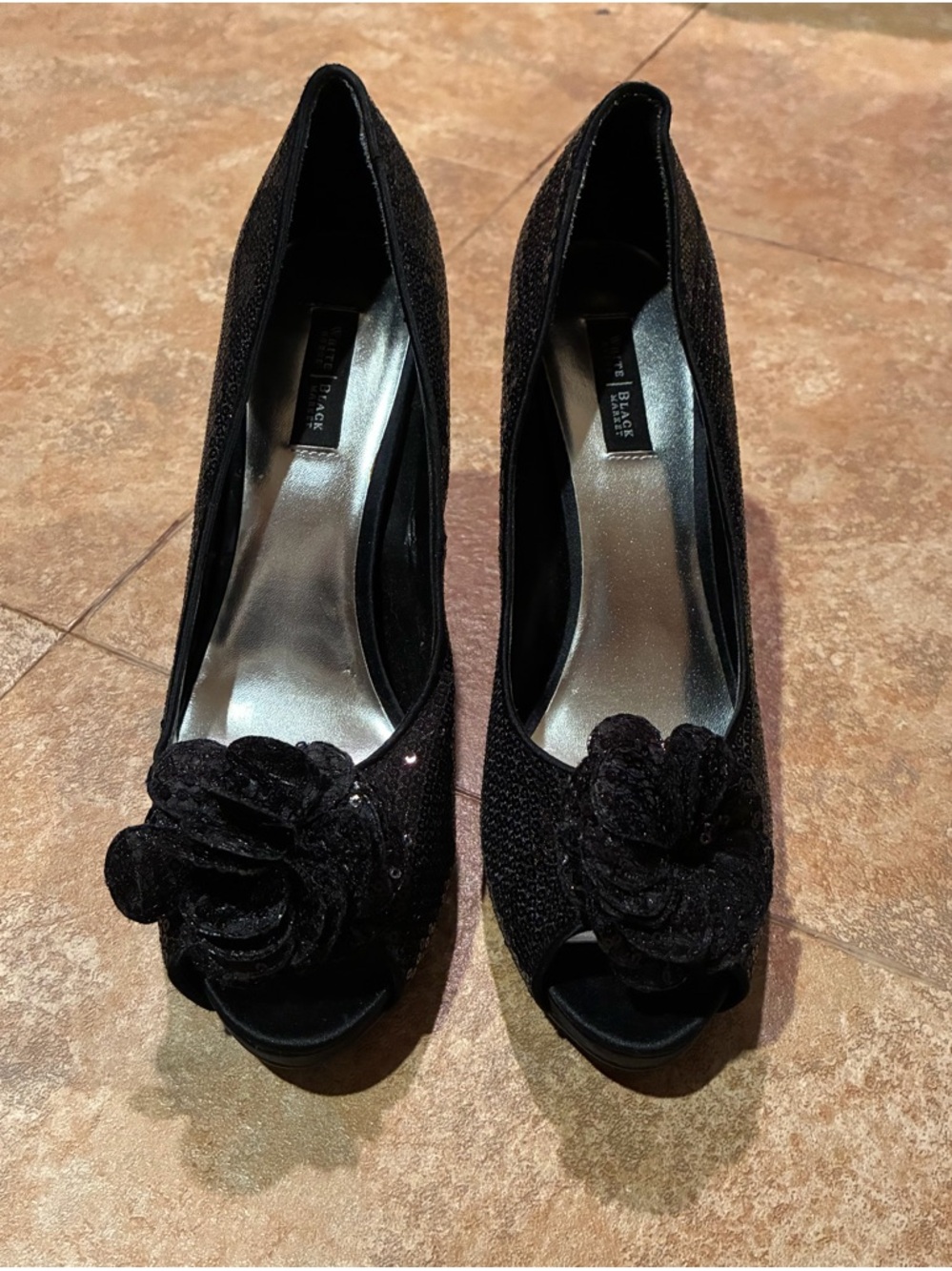 White House Black Market Black Floral Peep-Toe Heels